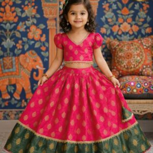 Pink Green Border Puff Sleeves Lehenga